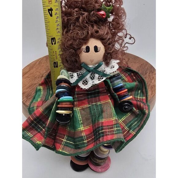 Vintage Button Shelf Sitter Christmas Brunette Girl Doll Cottage Core Country - Picture 2 of 6